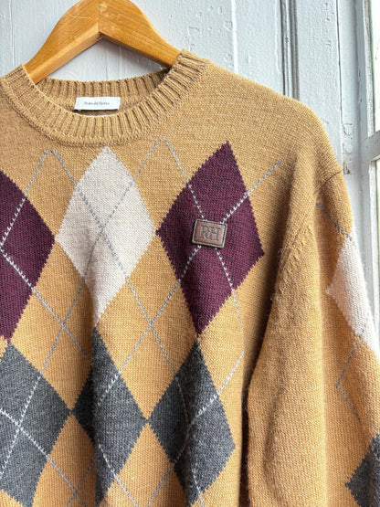 Pedro Del Hierro Argyle Jumper, Mens Luxury Knit, Italian Yarn, Christmas Sweater, Wool Blend, Size XL