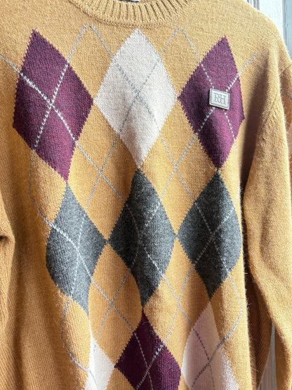 Pedro Del Hierro Argyle Jumper, Mens Luxury Knit, Italian Yarn, Christmas Sweater, Wool Blend, Size XL