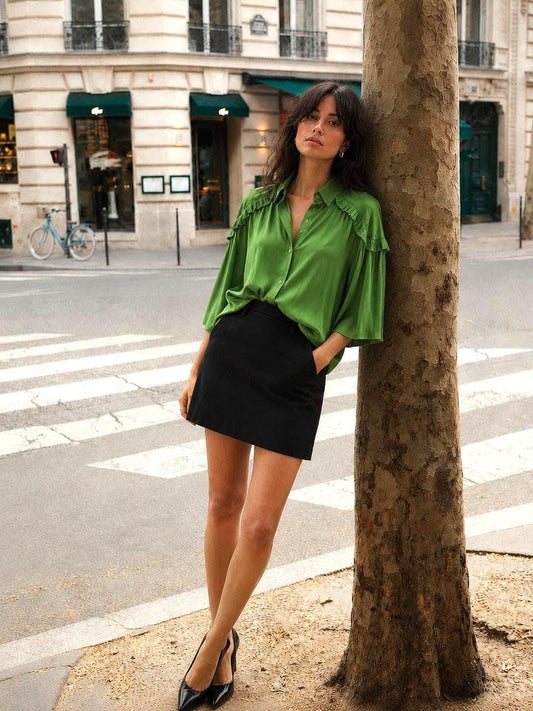 Emerald Satin Ruffle Blouse