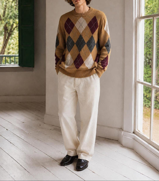 Pedro Del Hierro Argyle Jumper, Mens Luxury Knit, Italian Yarn, Christmas Sweater, Wool Blend, Size XL