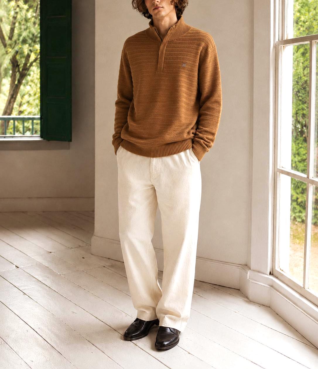 Pedro Del Hierro Men Mock Neck Jumper, Luxury Cotton Silk Blend sweater, Brown wardrobe essential, Size XL