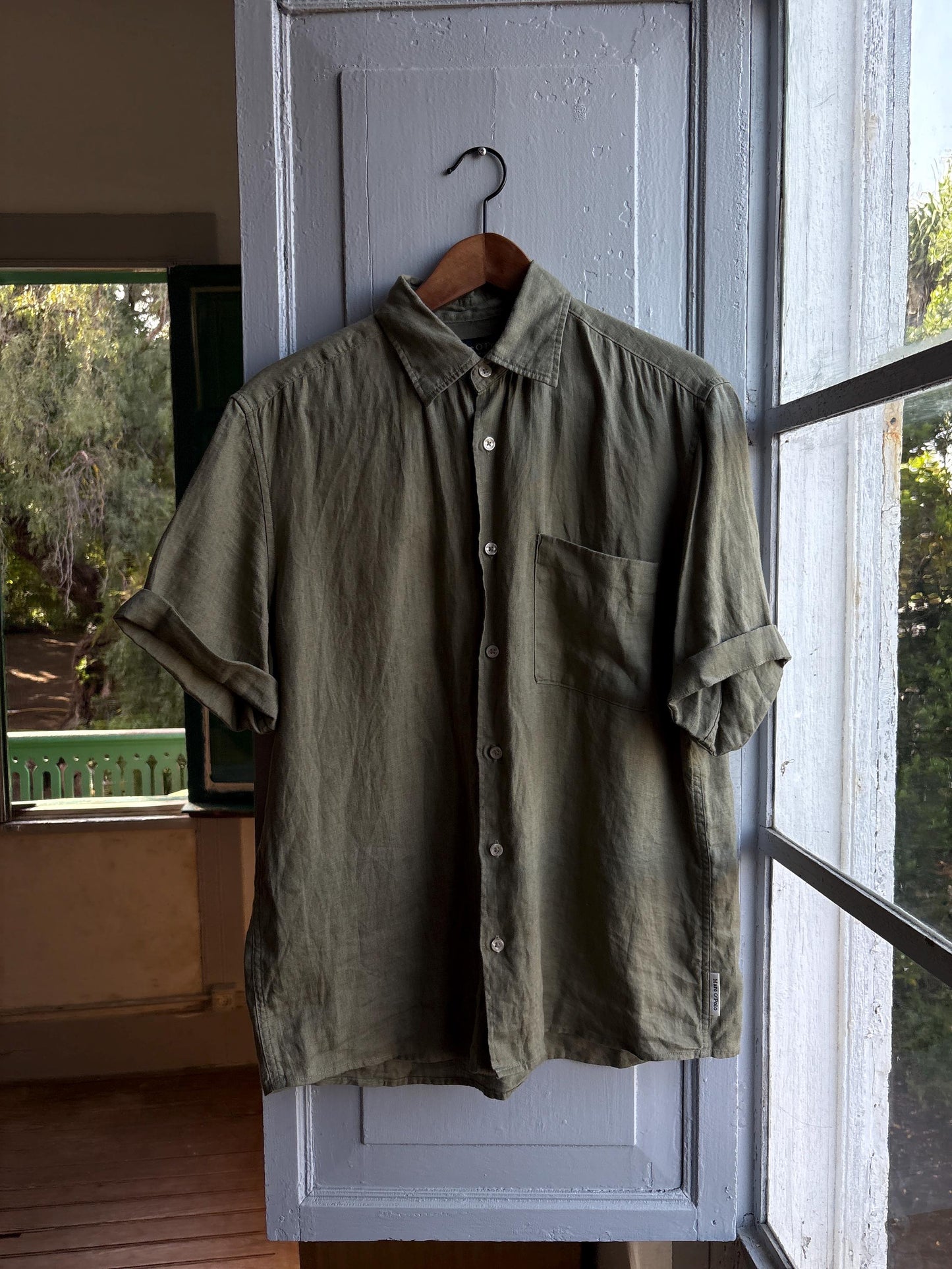 Sage Green Linen Button-Down Shirt for Men — back view
