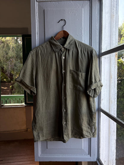 Sage Green Linen Button-Down Shirt for Men — back view