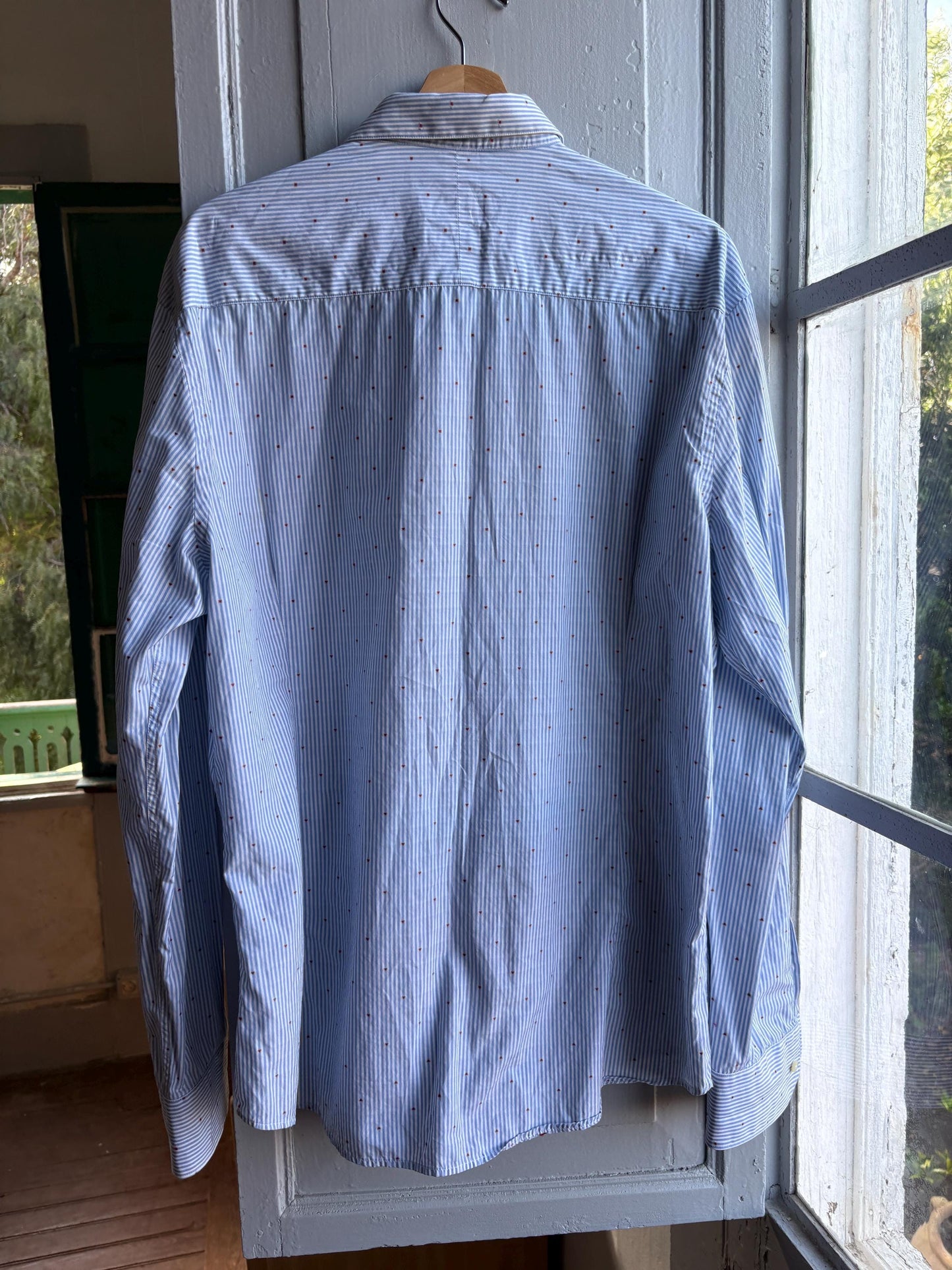 Heart Stripe Cotton Shirt In Blue And White — fabric close-up