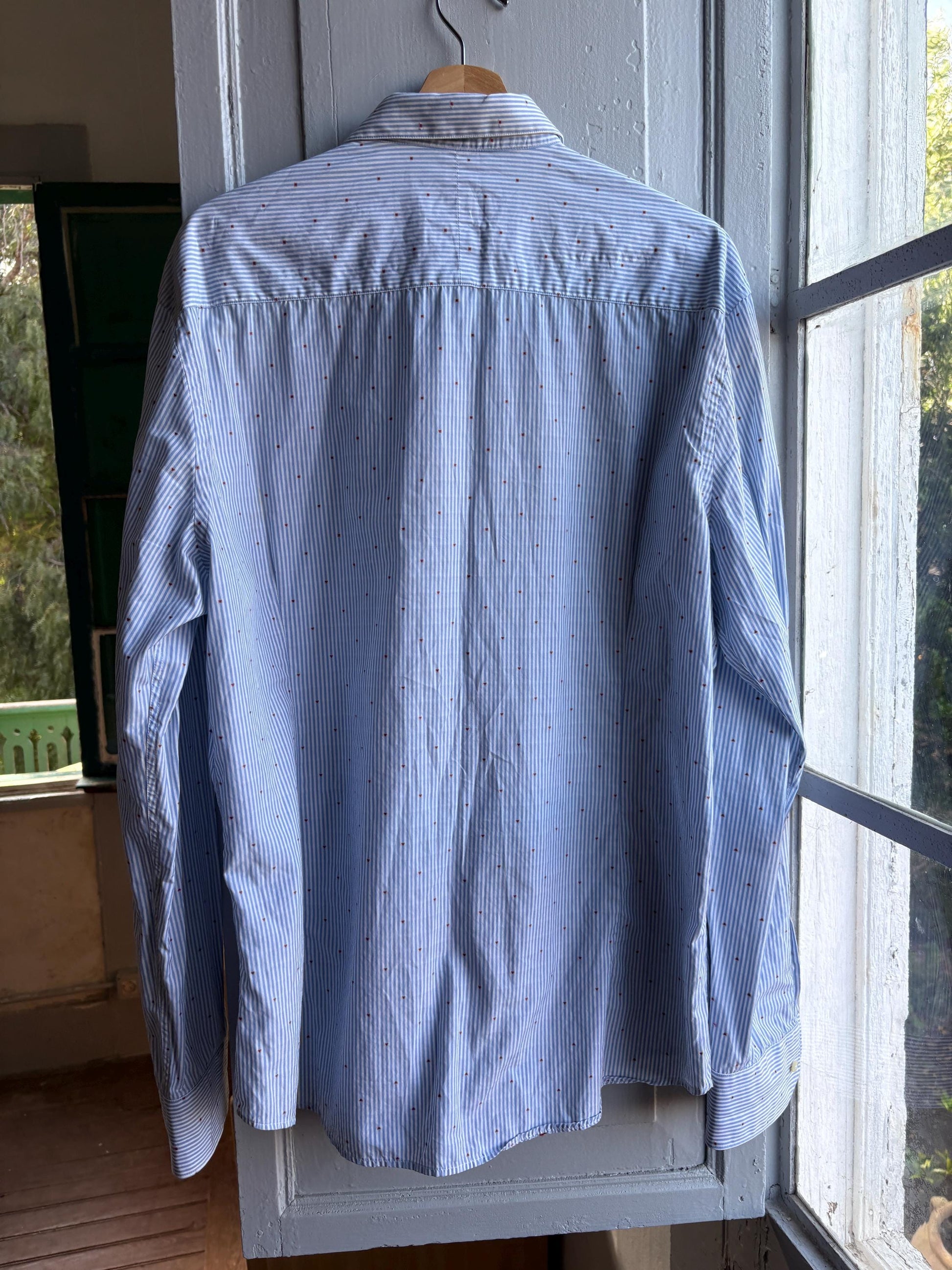 Heart Stripe Cotton Shirt In Blue And White — fabric close-up
