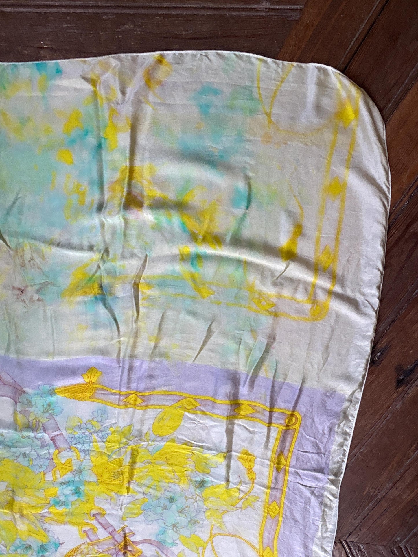 Vintage Silk Floral Scarf Pastel Turquoise Yellow Wrap