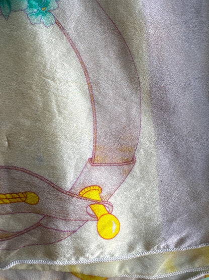 Vintage Silk Floral Scarf Pastel Turquoise Yellow Wrap