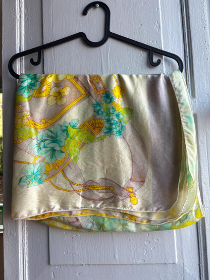 Vintage Silk Floral Scarf Pastel Turquoise Yellow Wrap