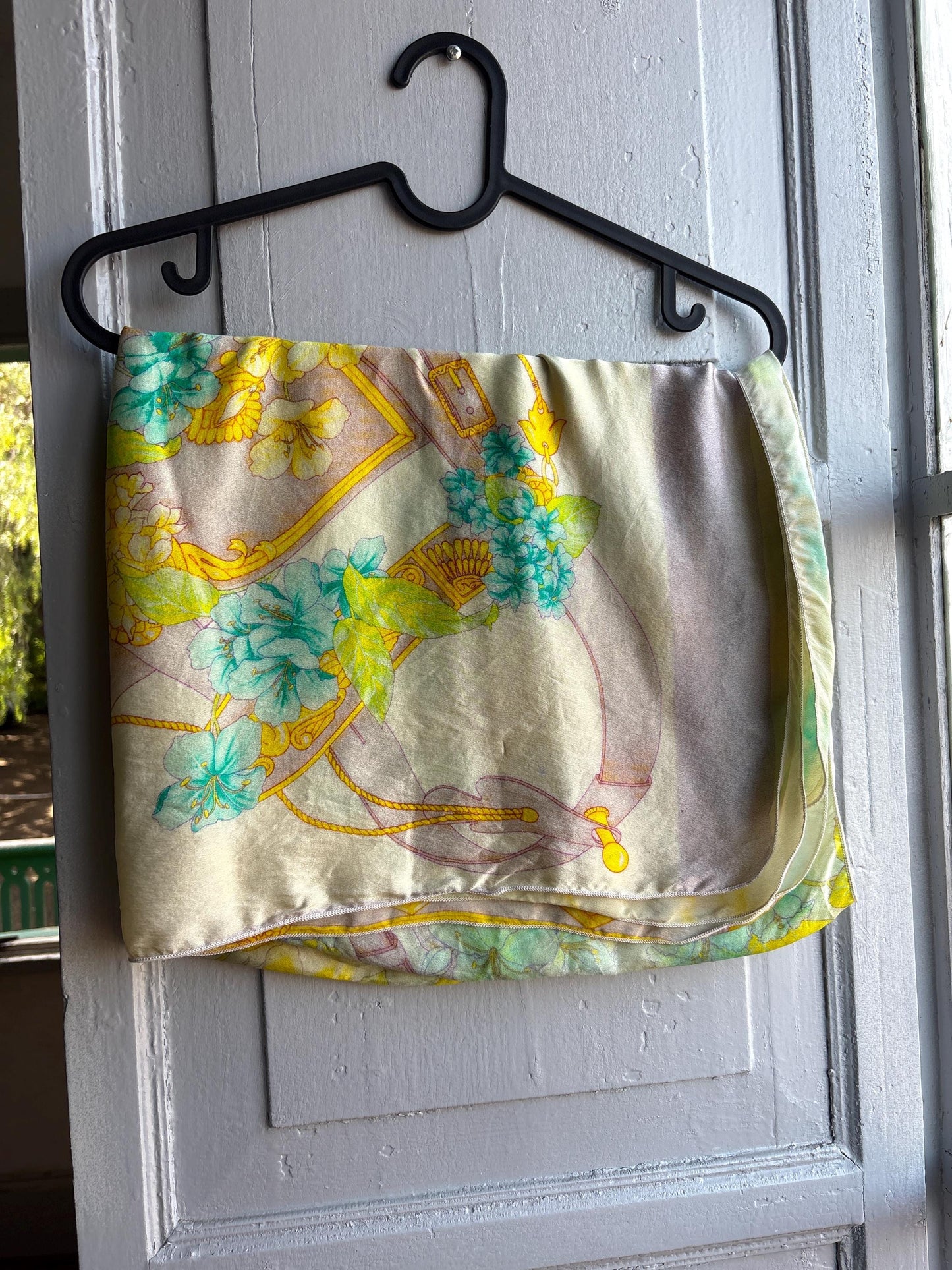 Vintage Silk Floral Scarf Pastel Turquoise Yellow Wrap