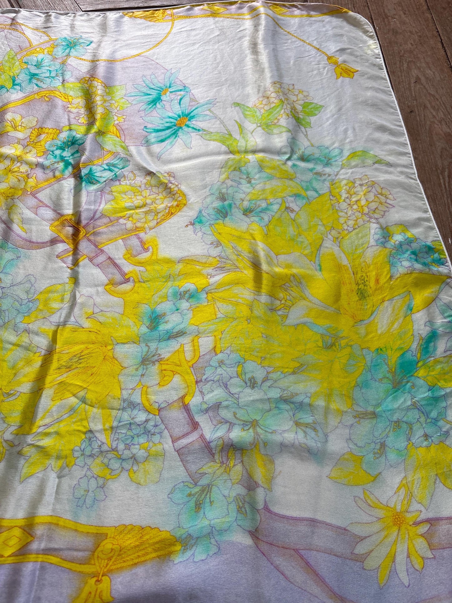Vintage Silk Floral Scarf Pastel Turquoise Yellow Wrap