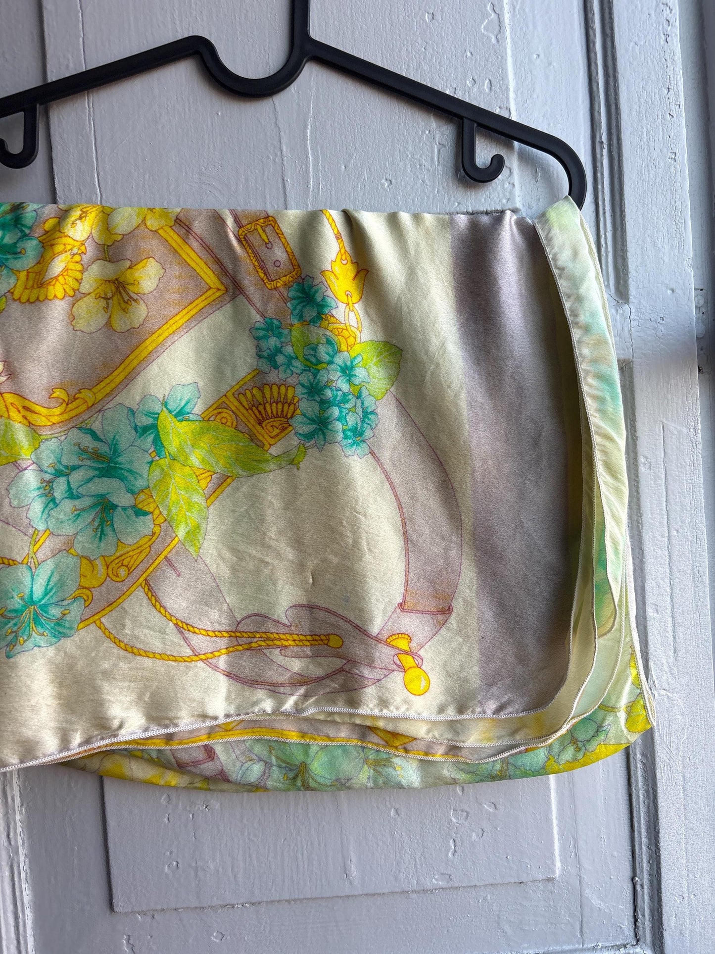 Vintage Silk Floral Scarf Pastel Turquoise Yellow Wrap