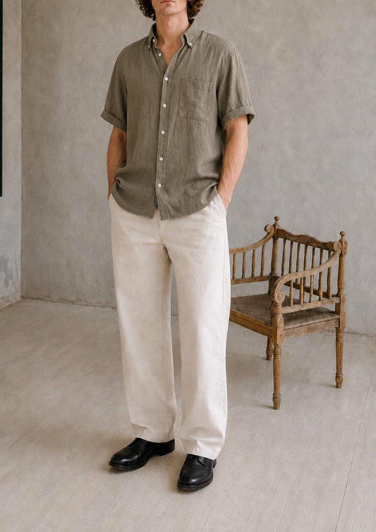Sage Green Linen Button-Down Shirt for Men