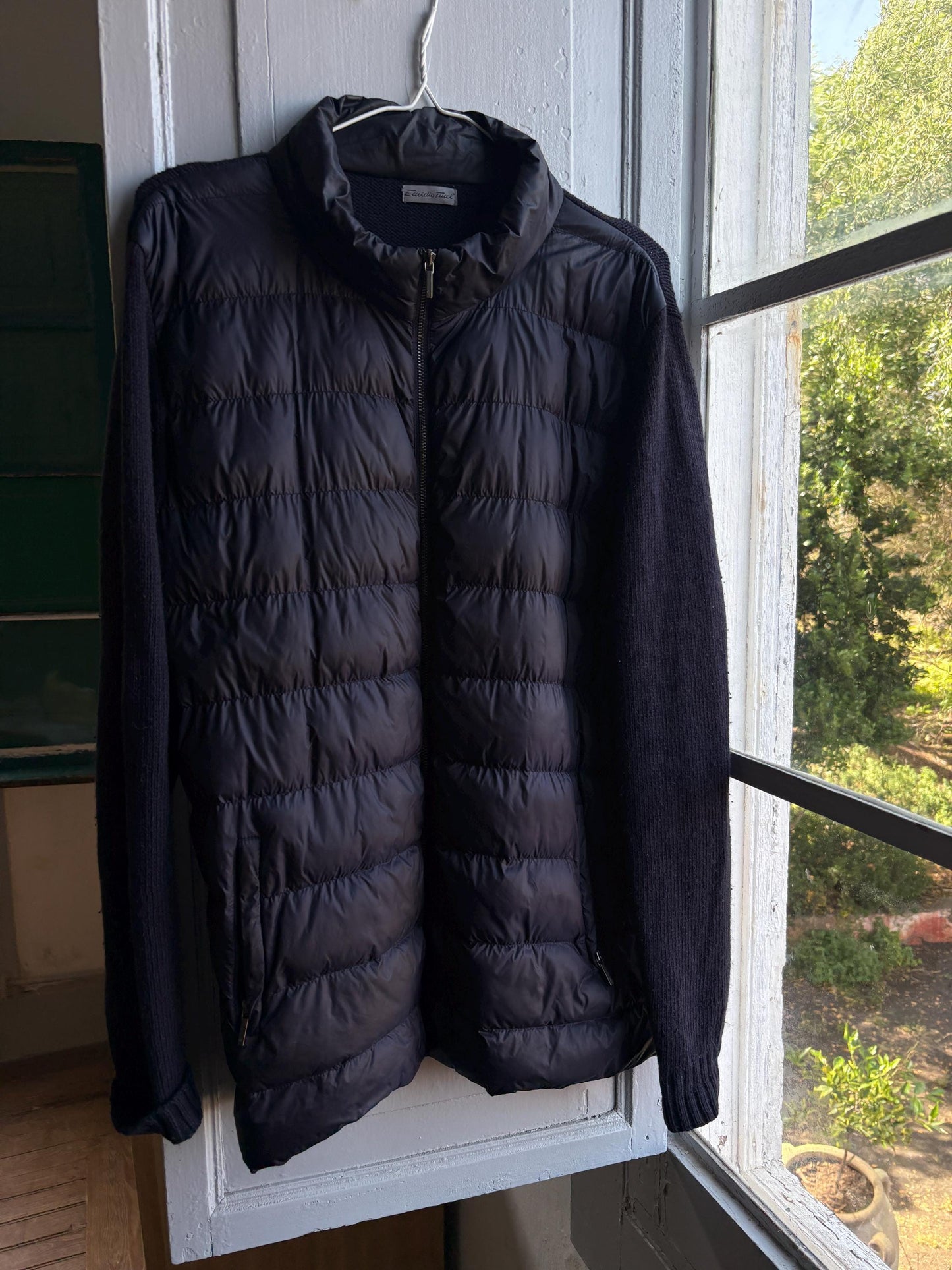 Emidio Tucci Quilted Knit Jacket, Men's Navy Hybrid Coat Smart Lightweight Jacket, Size 6