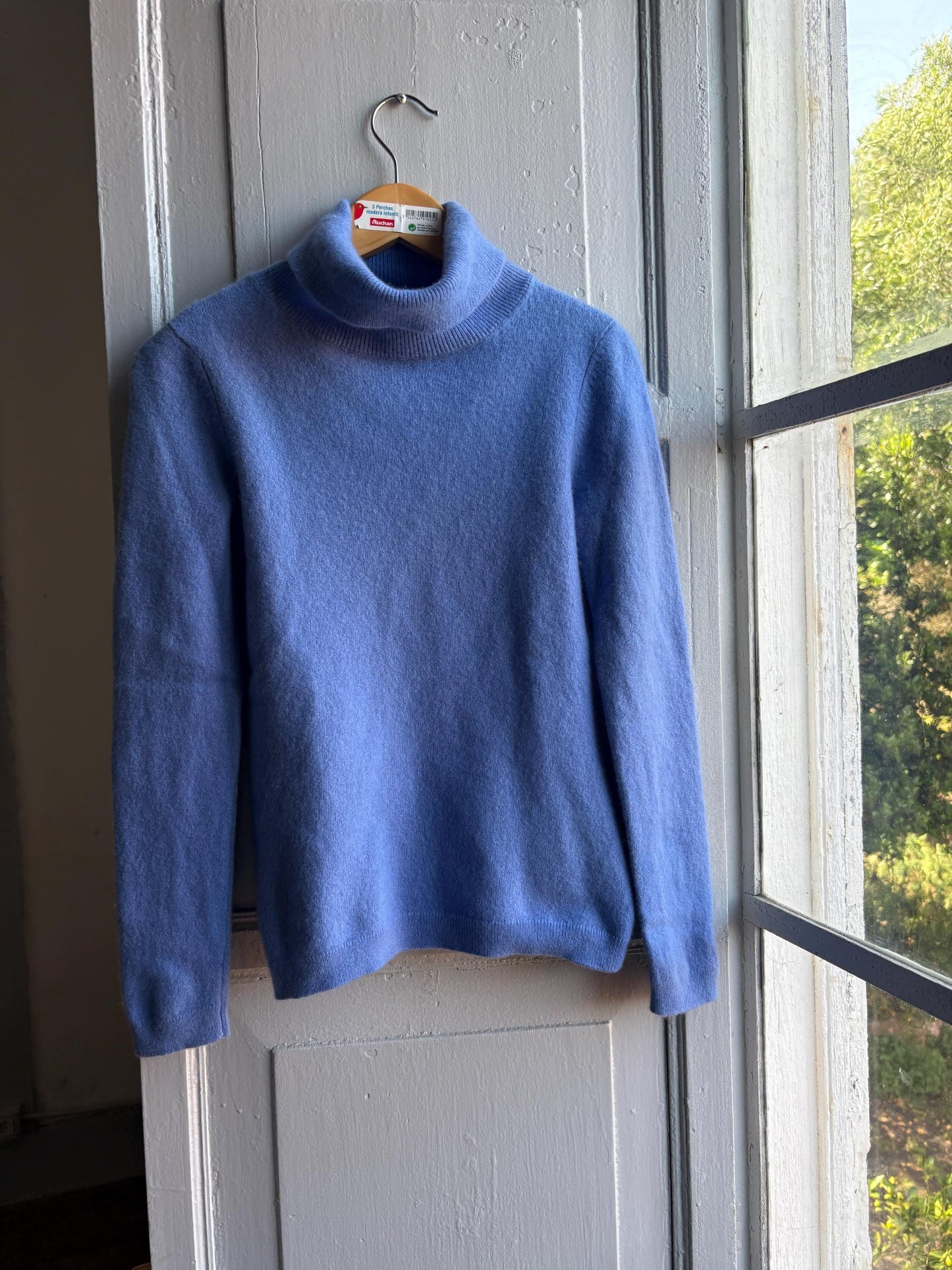 Vintage Blue Cashmere Turtleneck Jumper — fabric close-up