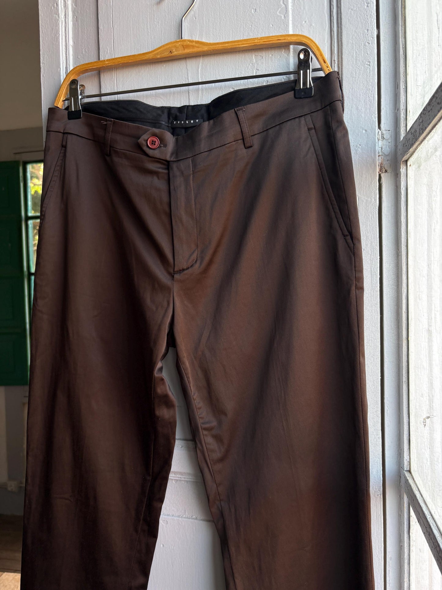 Sisley Brown Satin Vintage Trousers, Straight Leg Pants