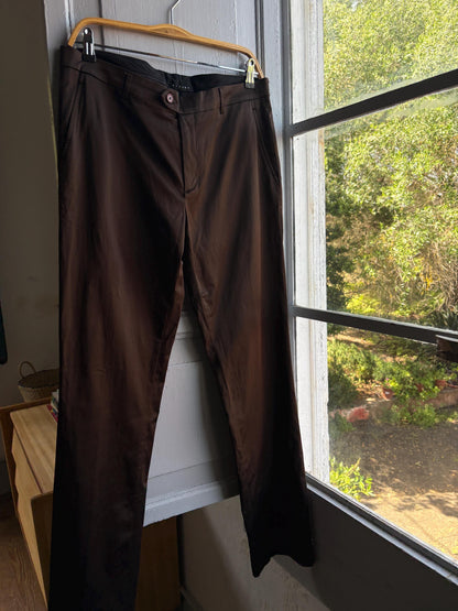 Brown Satin Vintage Straight Leg Trousers — fabric close-up