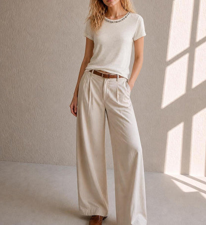 Ivory Beaded Neckline Minimalist Blouse