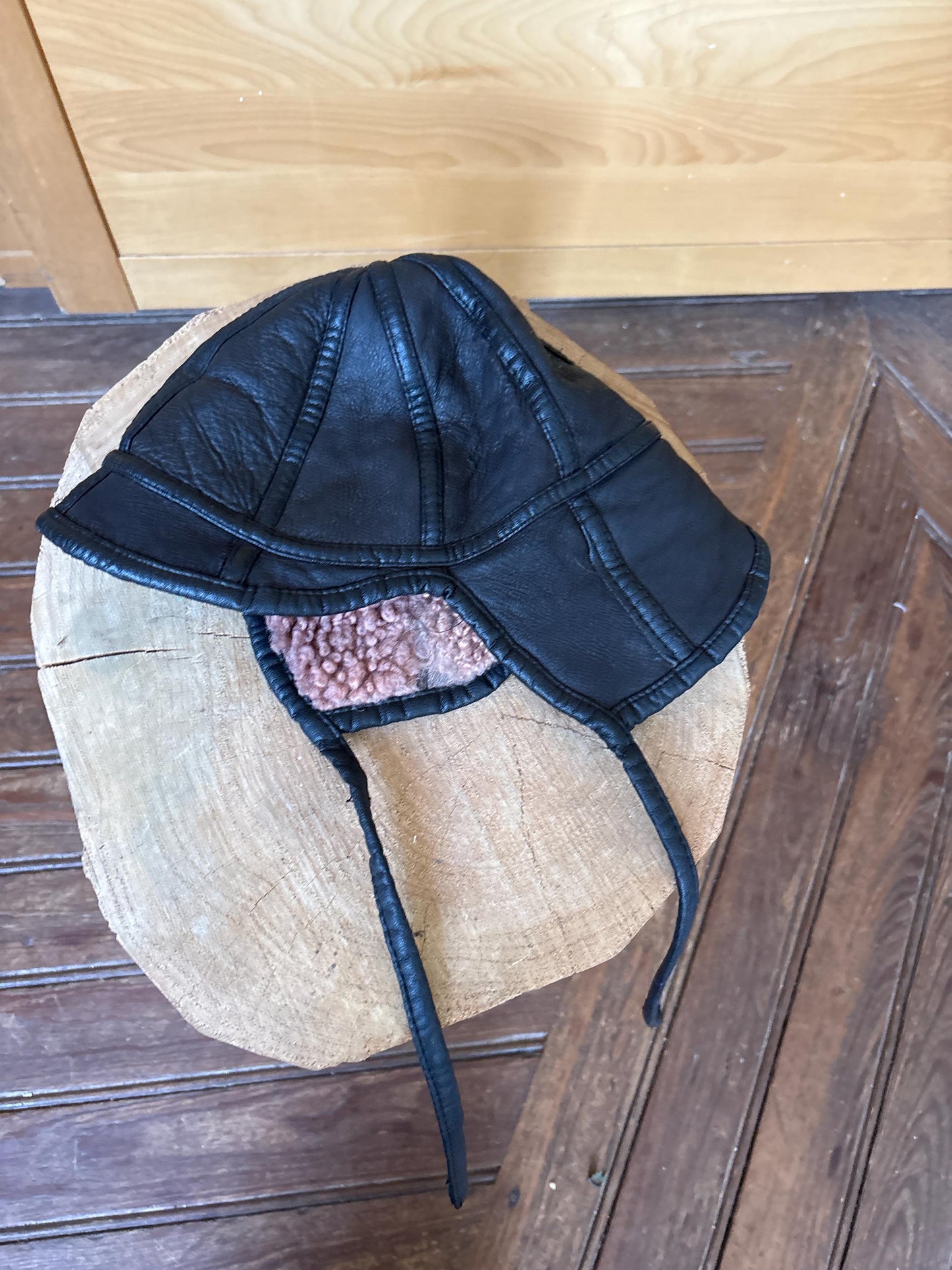 Black Leather Vintage Aviator Hat with Teddy Wool Lining