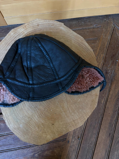 Black Leather Vintage Aviator Hat with Teddy Wool Lining