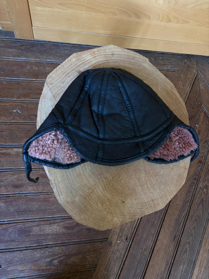 Black Leather Vintage Aviator Hat with Teddy Wool Lining