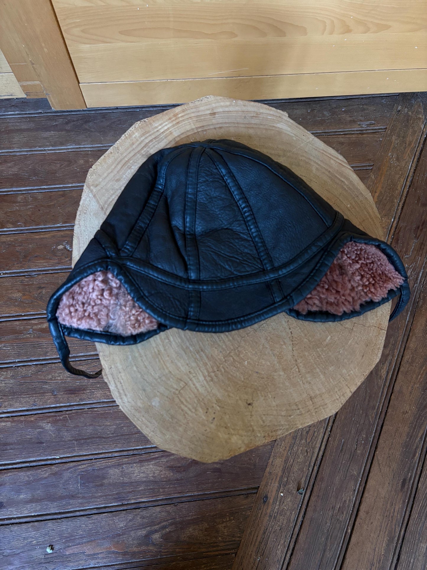 Black Leather Vintage Aviator Hat with Teddy Wool Lining