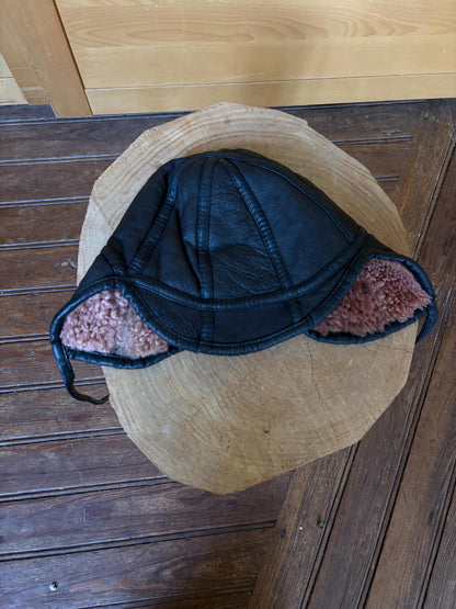 Black Leather Vintage Aviator Hat with Teddy Wool Lining