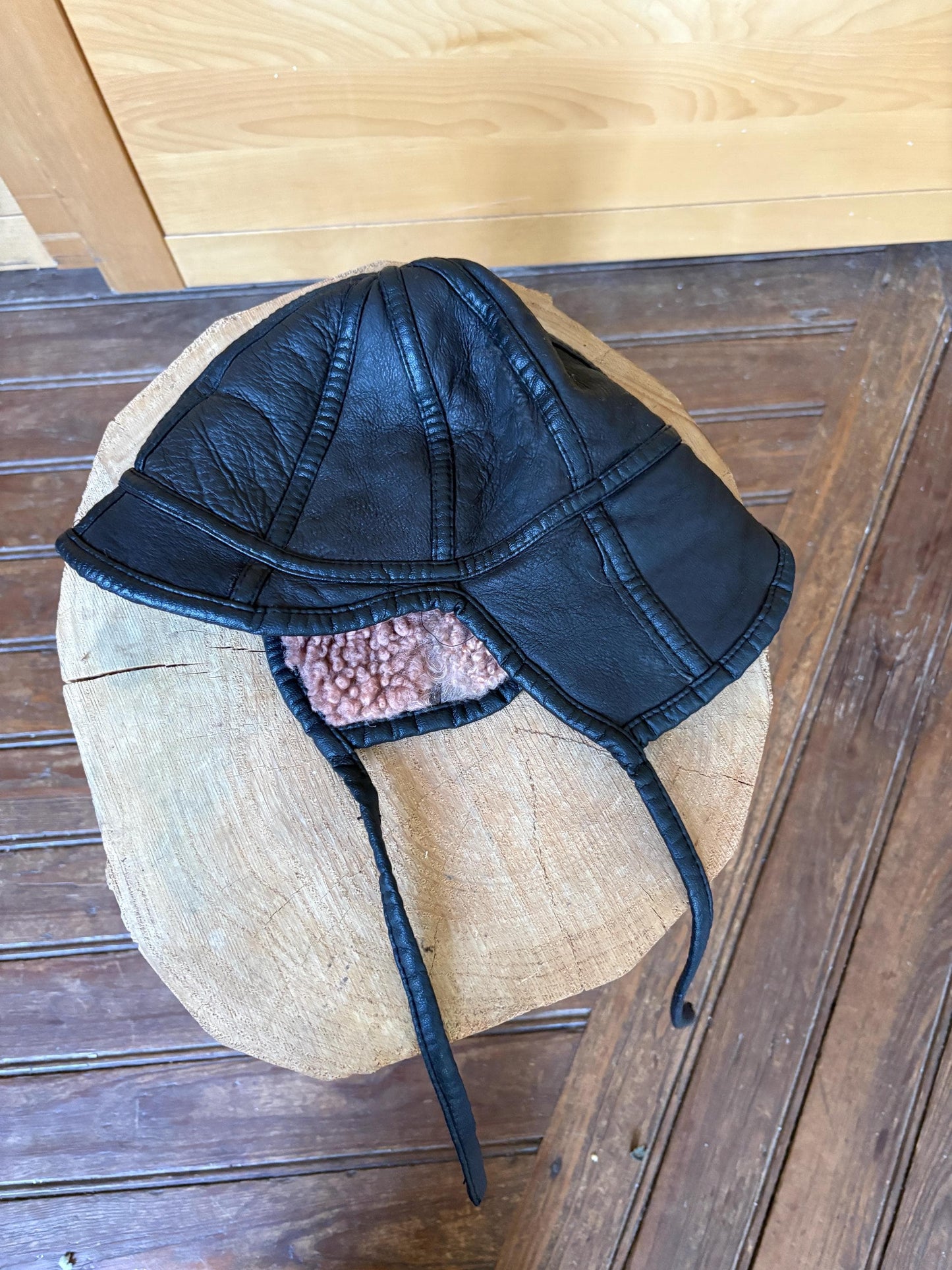 Black Leather Vintage Aviator Hat with Teddy Wool Lining