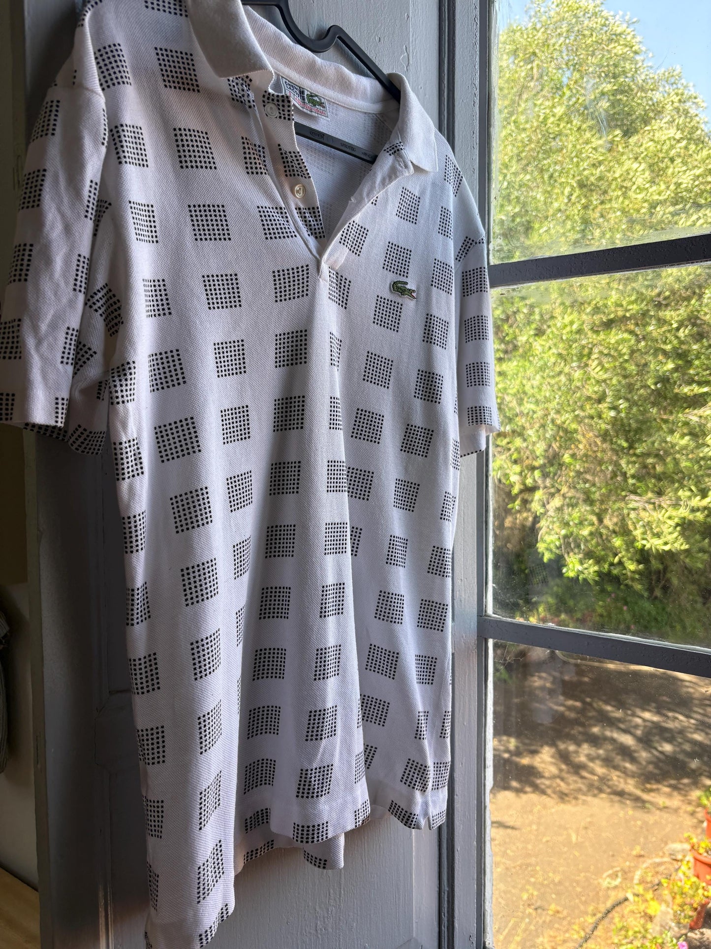 Vintage Lacoste Cotton Polo Shirt, White Geometric — fabric close-up