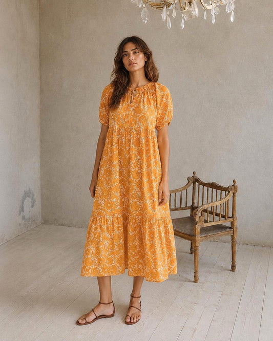 Cotton floral maxi dress in golden orange boho style, Sustainable summer fit, Burnt orange long dress