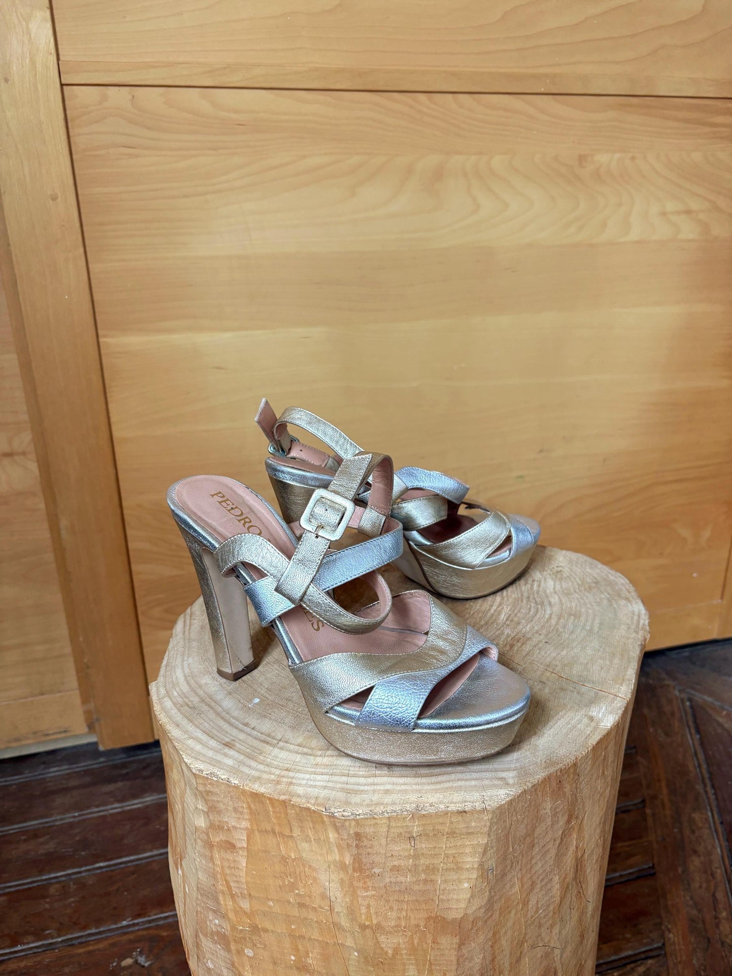 Pedro Miralles Platform Heels, Silver Gold Sandals, Luxury Designer Shoes, Made in Spainm, Y2K Party Glam, EU 38