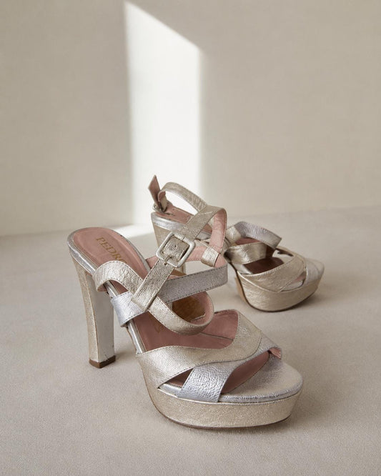 Pedro Miralles Platform Heels, Silver Gold Sandals, Luxury Designer Shoes, Made in Spainm, Y2K Party Glam, EU 38