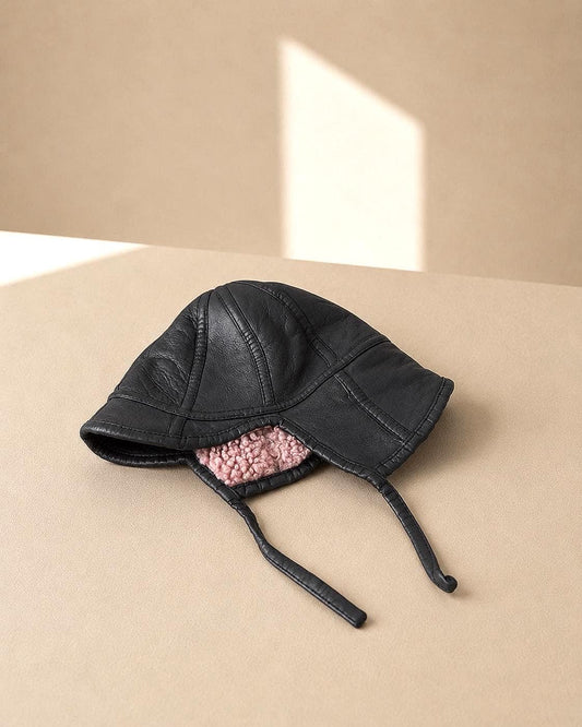 Black Leather Vintage Aviator Hat with Teddy Wool Lining