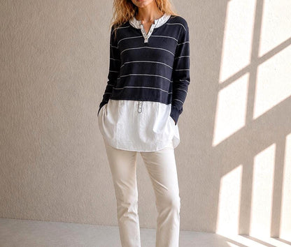 Navy Striped Cotton Layered Shirt