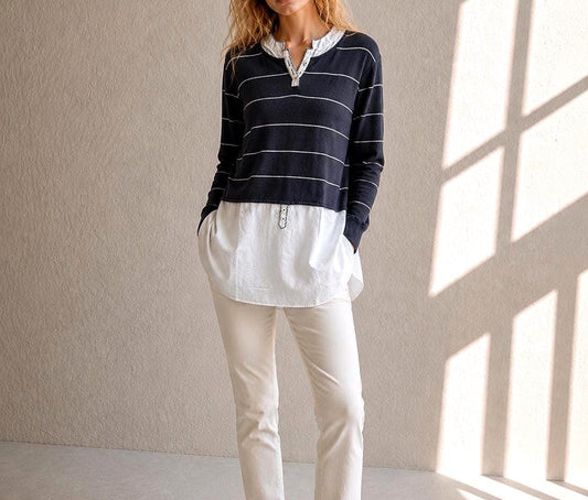 Navy Striped Cotton Layered Shirt