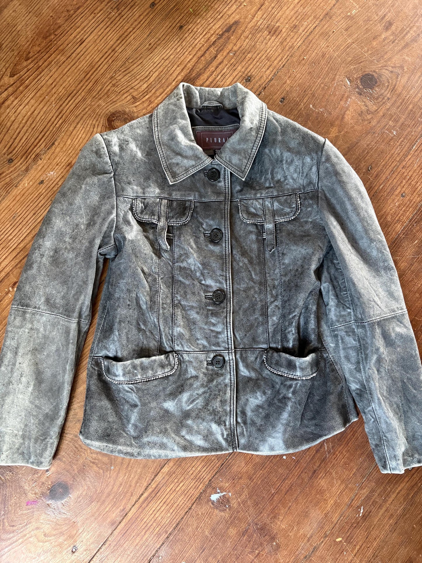 Grey Distressed Leather Biker Jacket — additional view 18