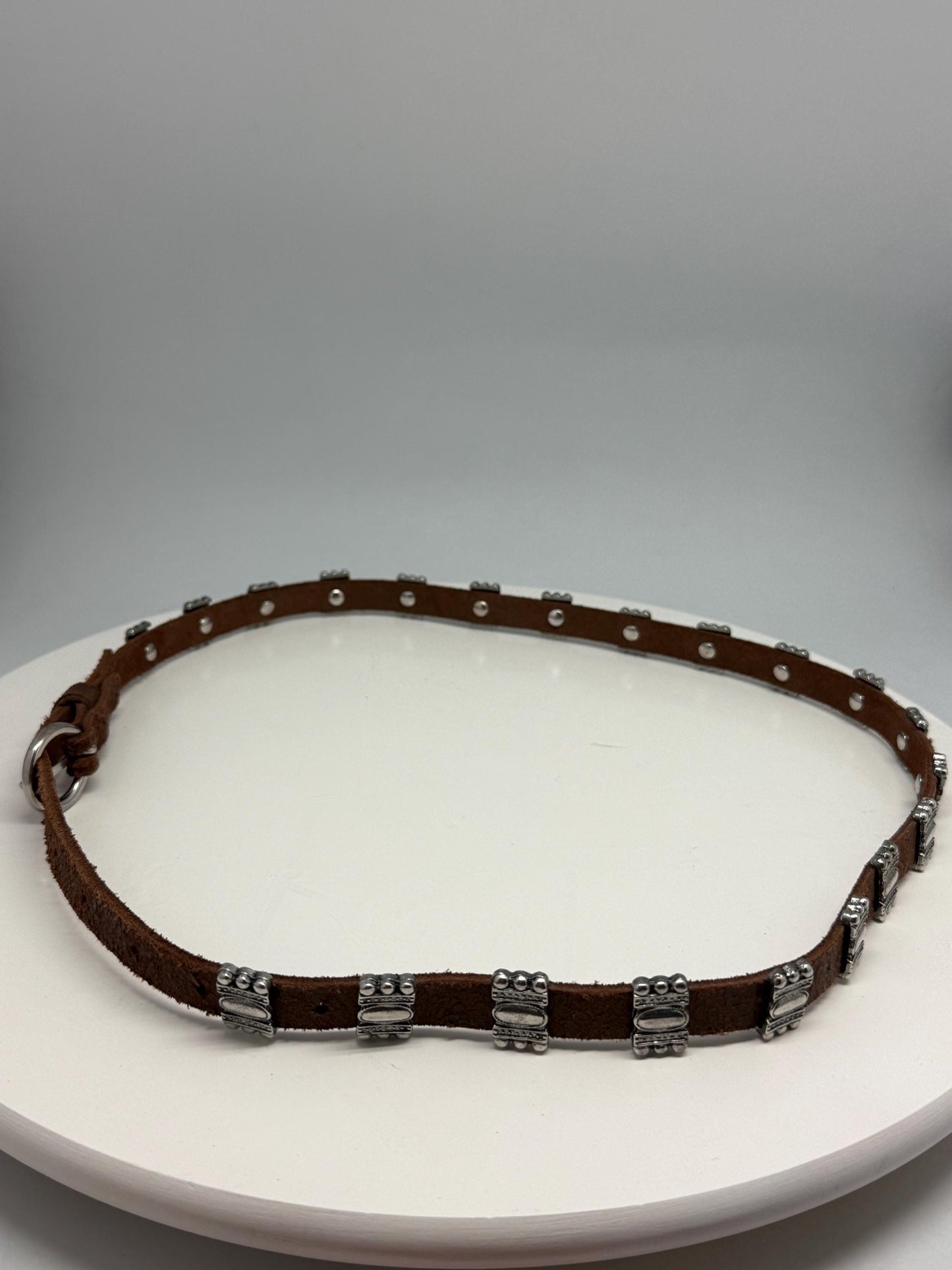 Vintage Brown Leather Belt with Silver Stud Details, Boho Western Waist Belt, Y2K Genuine Leather, Festival Bohemian Accessory