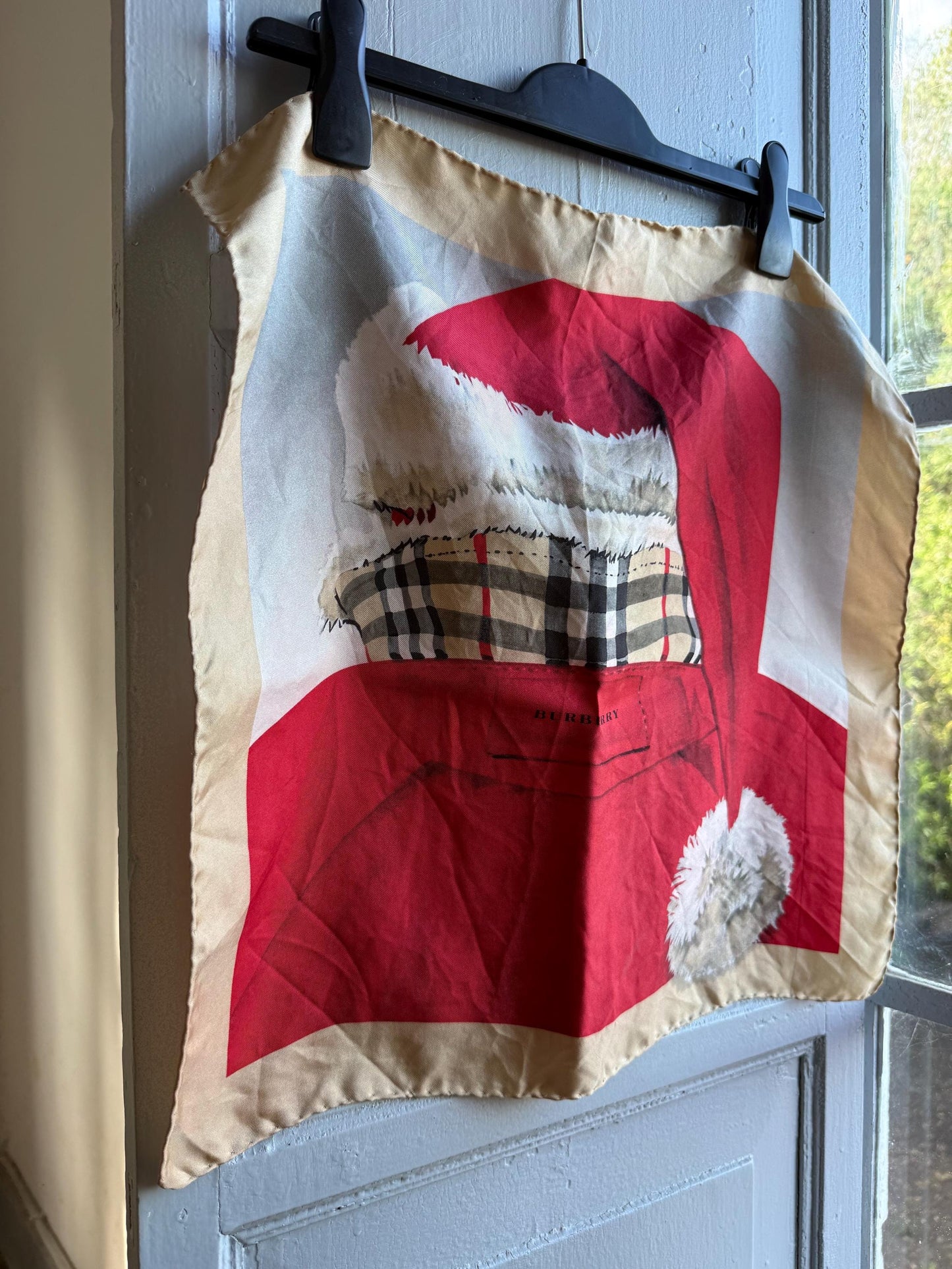 Vintage Burberry Christmas Silk Scarf — fabric close-up