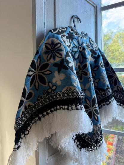 Kids floral poncho, blue wool blend, vintage style, artisan made, Spain