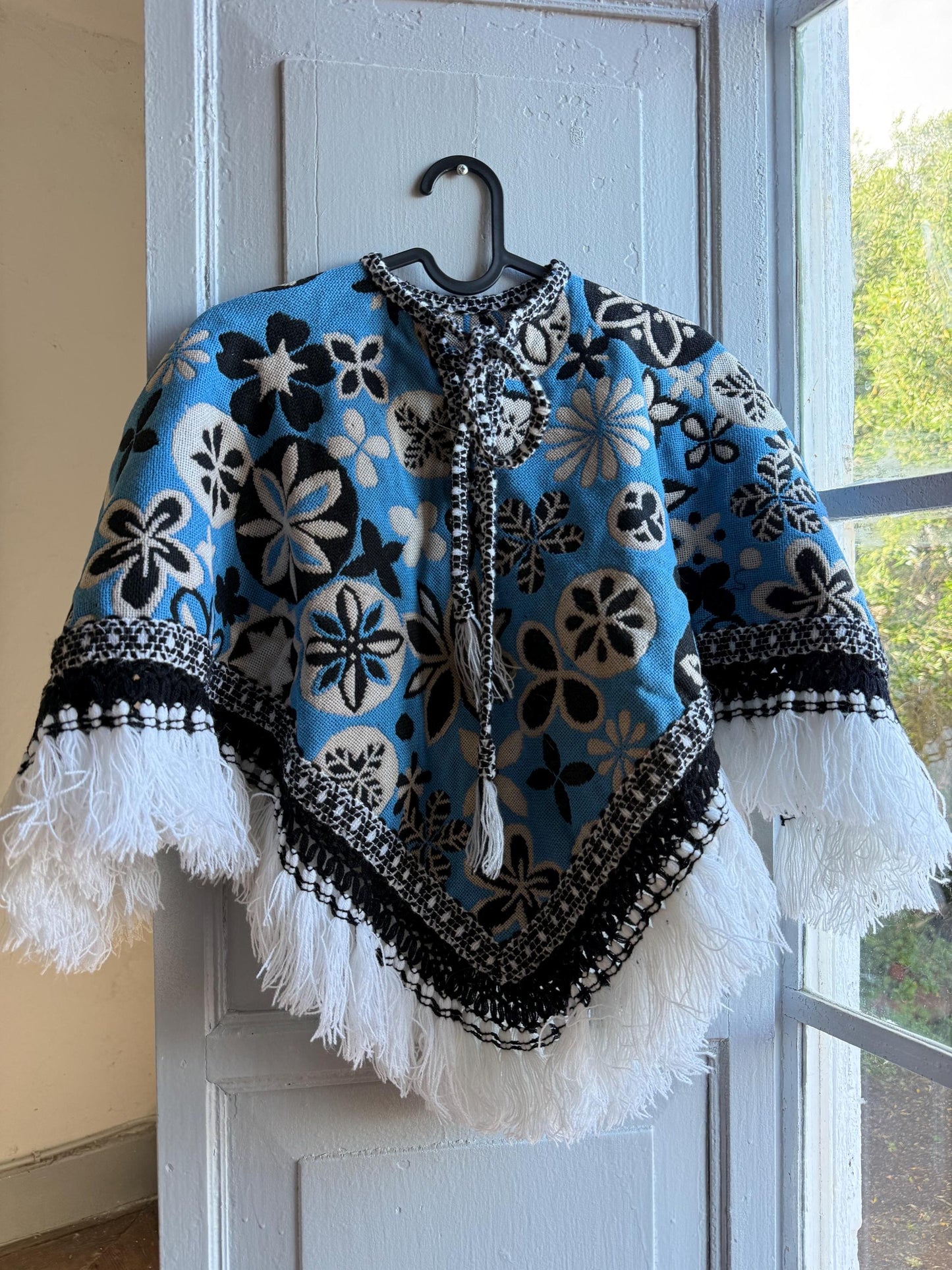 Kids floral poncho, blue wool blend, vintage style, artisan made, Spain