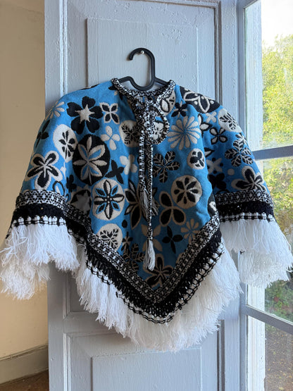 Kids floral poncho, blue wool blend, vintage style, artisan made, Spain