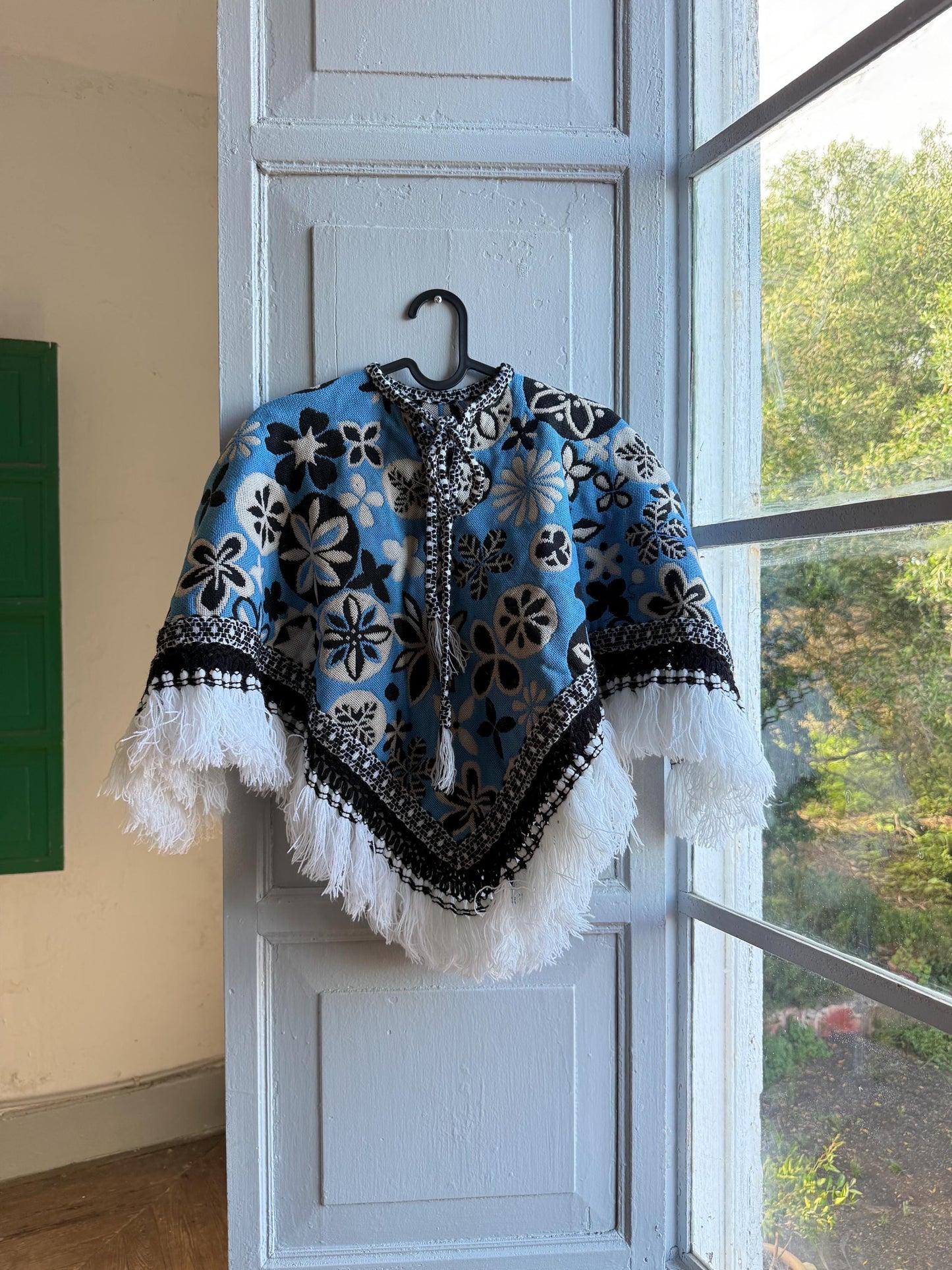 Kids floral poncho, blue wool blend, vintage style, artisan made, Spain