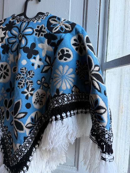 Kids floral poncho, blue wool blend, vintage style, artisan made, Spain