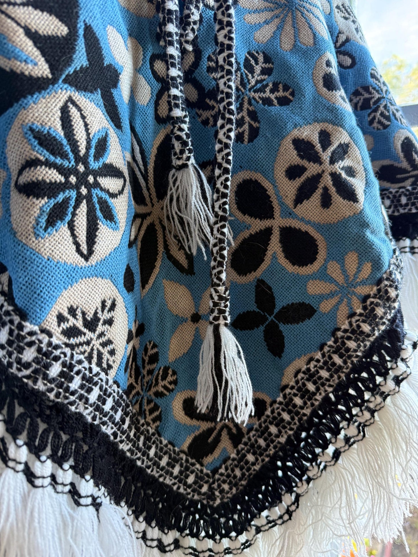 Kids floral poncho, blue wool blend, vintage style, artisan made, Spain