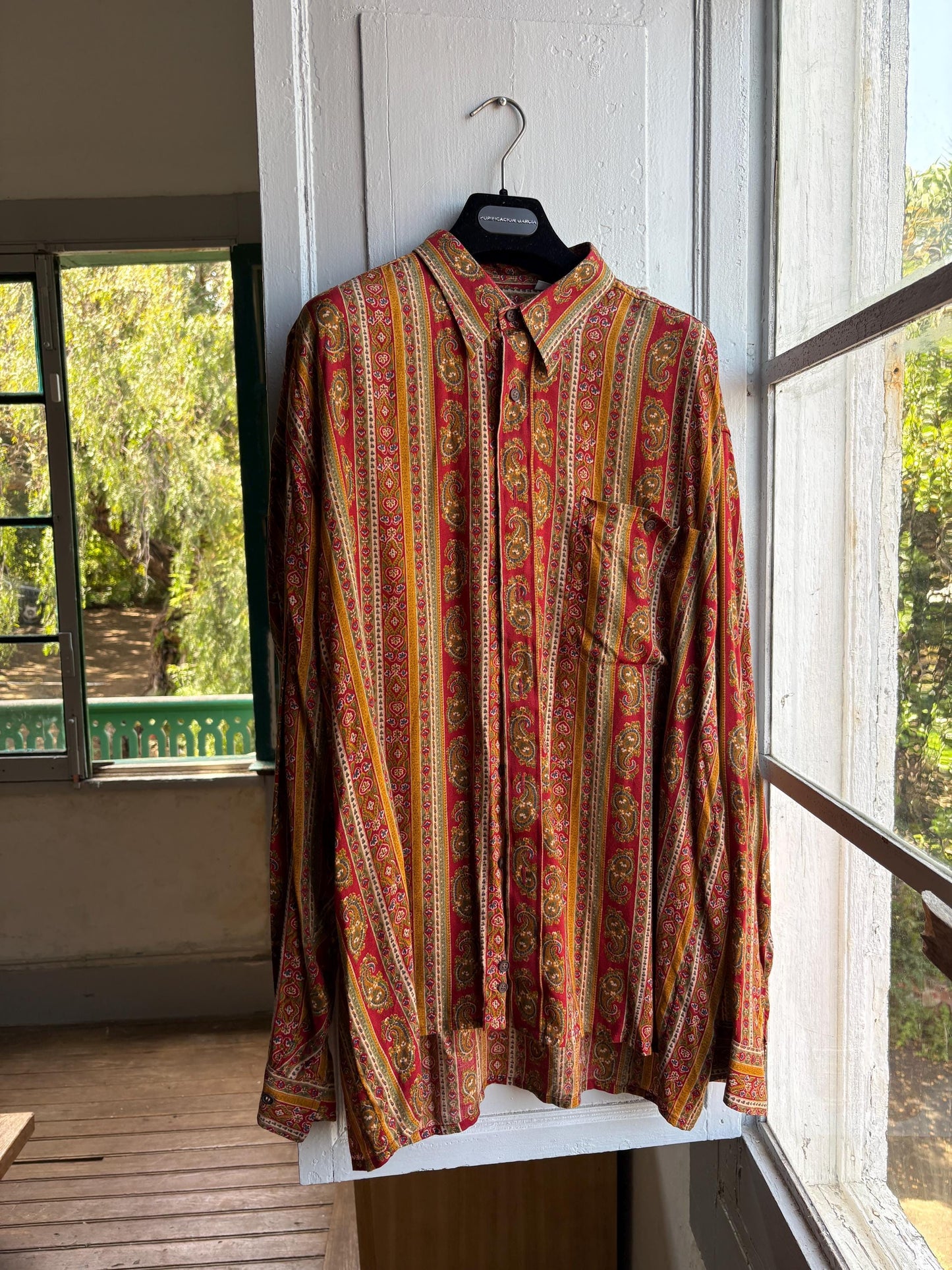 Vintage Baroque Print Button Down Shirt — fabric close-up