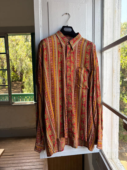 Vintage Baroque Print Button Down Shirt — fabric close-up
