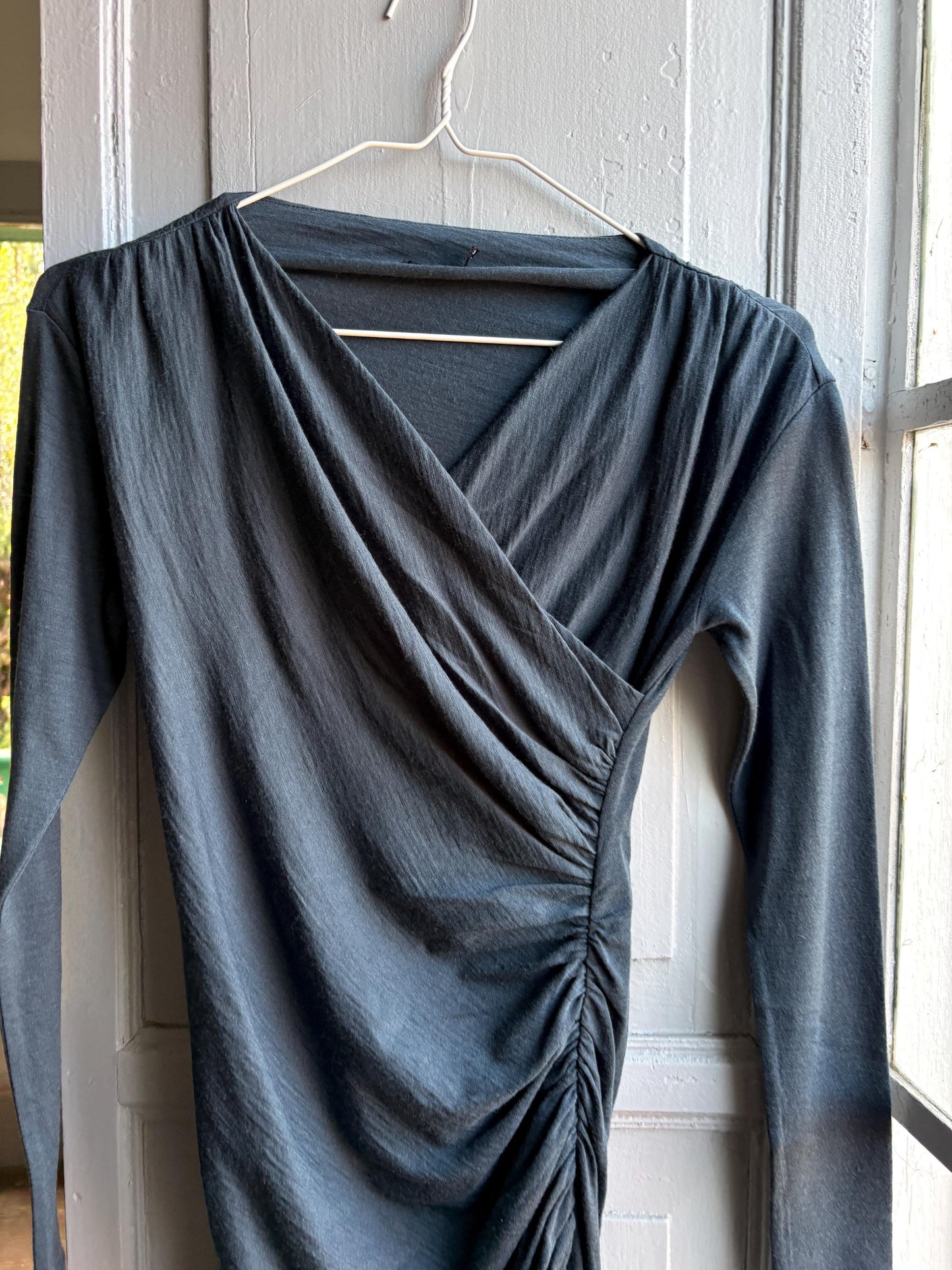 Etxart & Panno Wool Wrap Dress, Vintage Grey Bodycon Midi Dress, Minimalist Long Sleeve Dress, Office Chic, Made in Spain