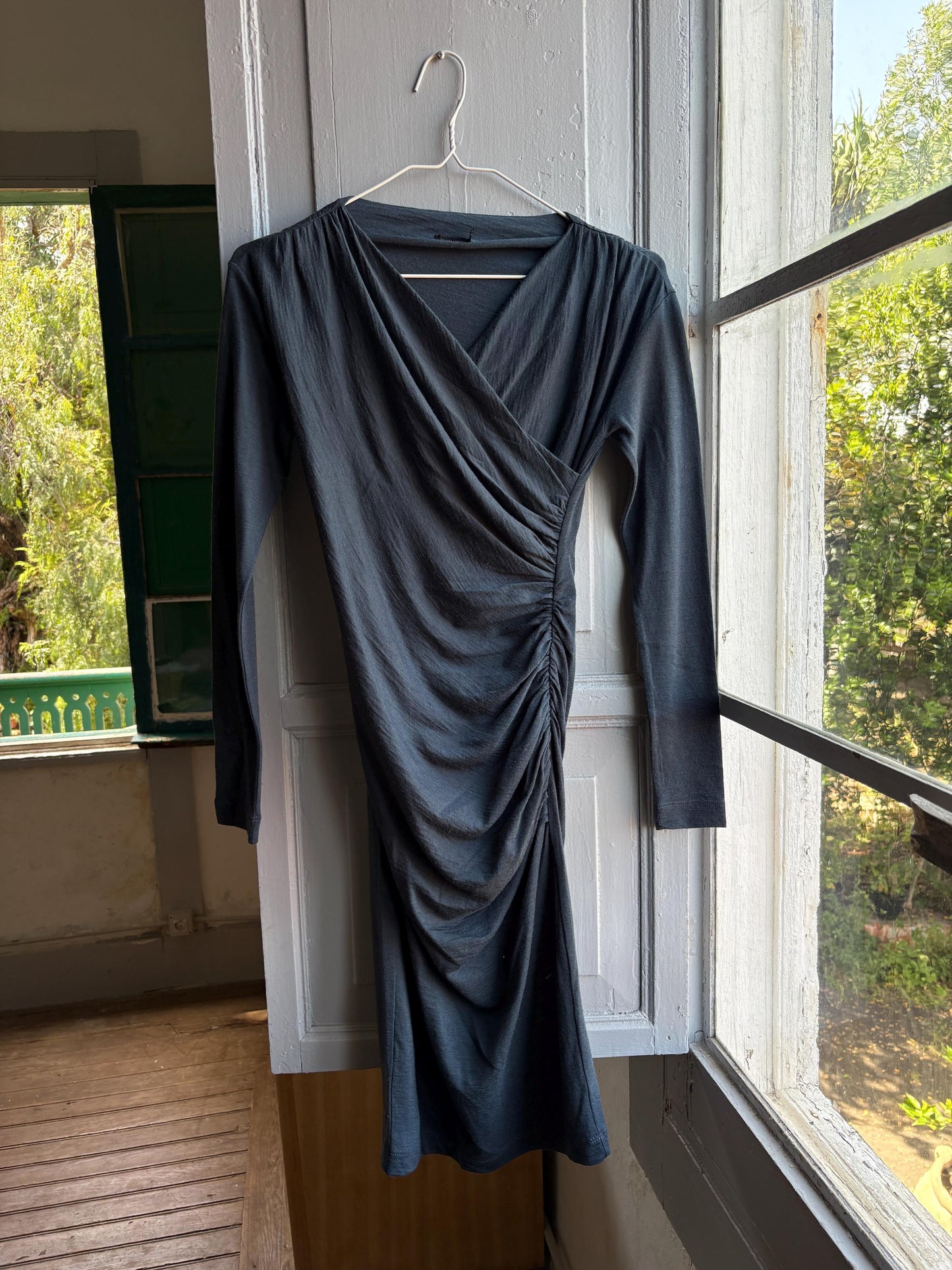 Etxart & Panno Wool Wrap Dress, Vintage Grey Bodycon Midi Dress, Minimalist Long Sleeve Dress, Office Chic, Made in Spain