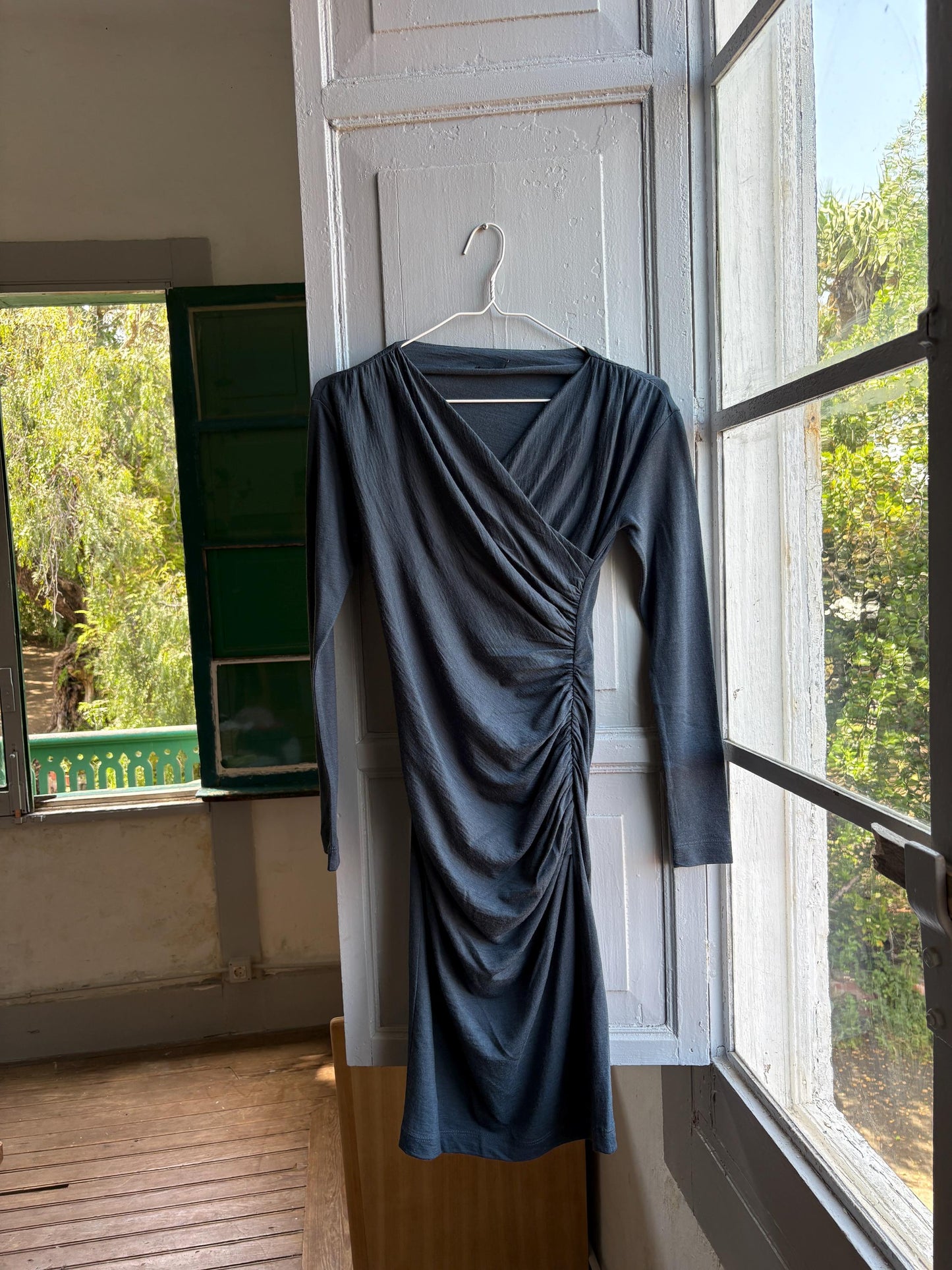 Etxart & Panno Wool Wrap Dress, Vintage Grey Bodycon Midi Dress, Minimalist Long Sleeve Dress, Office Chic, Made in Spain