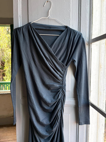 Etxart & Panno Wool Wrap Dress, Vintage Grey Bodycon Midi Dress, Minimalist Long Sleeve Dress, Office Chic, Made in Spain