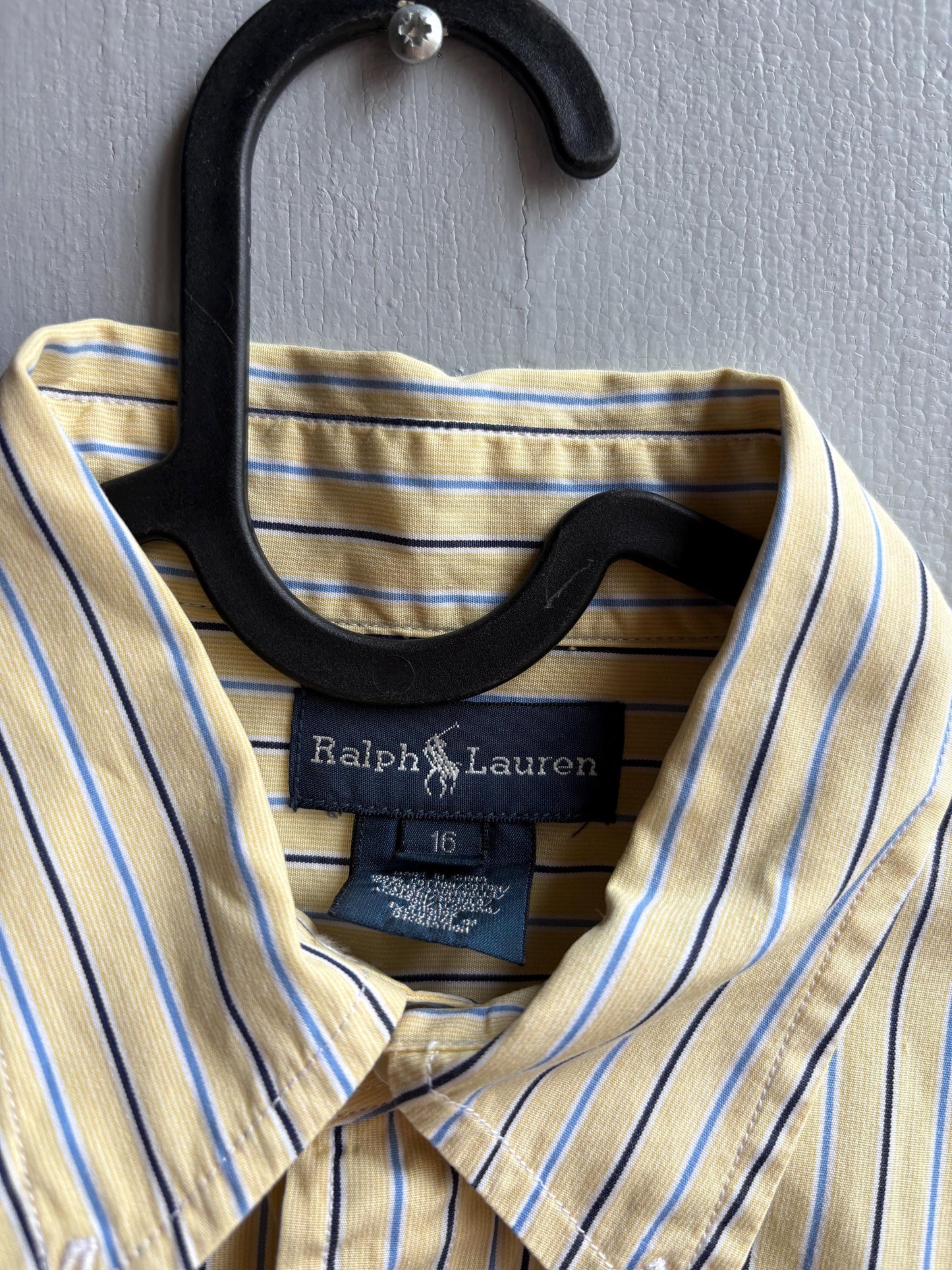 Ralph Lauren Boys Shirt, Striped Button Down, Preppy Old Money Cotton Shirt, Youth 16 Yellow Blue Vintage wear
